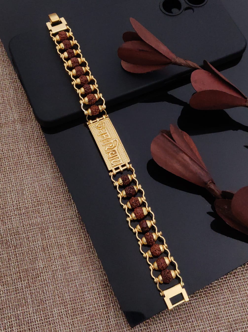 Solibelle Gold Plated OM Namah Shivay Name Rudraksh Bracelet
