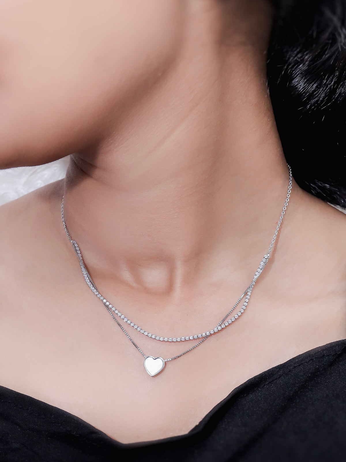 Solibelle Rhodium Plated Heart Necklace with AD & White Cubic Zirconia