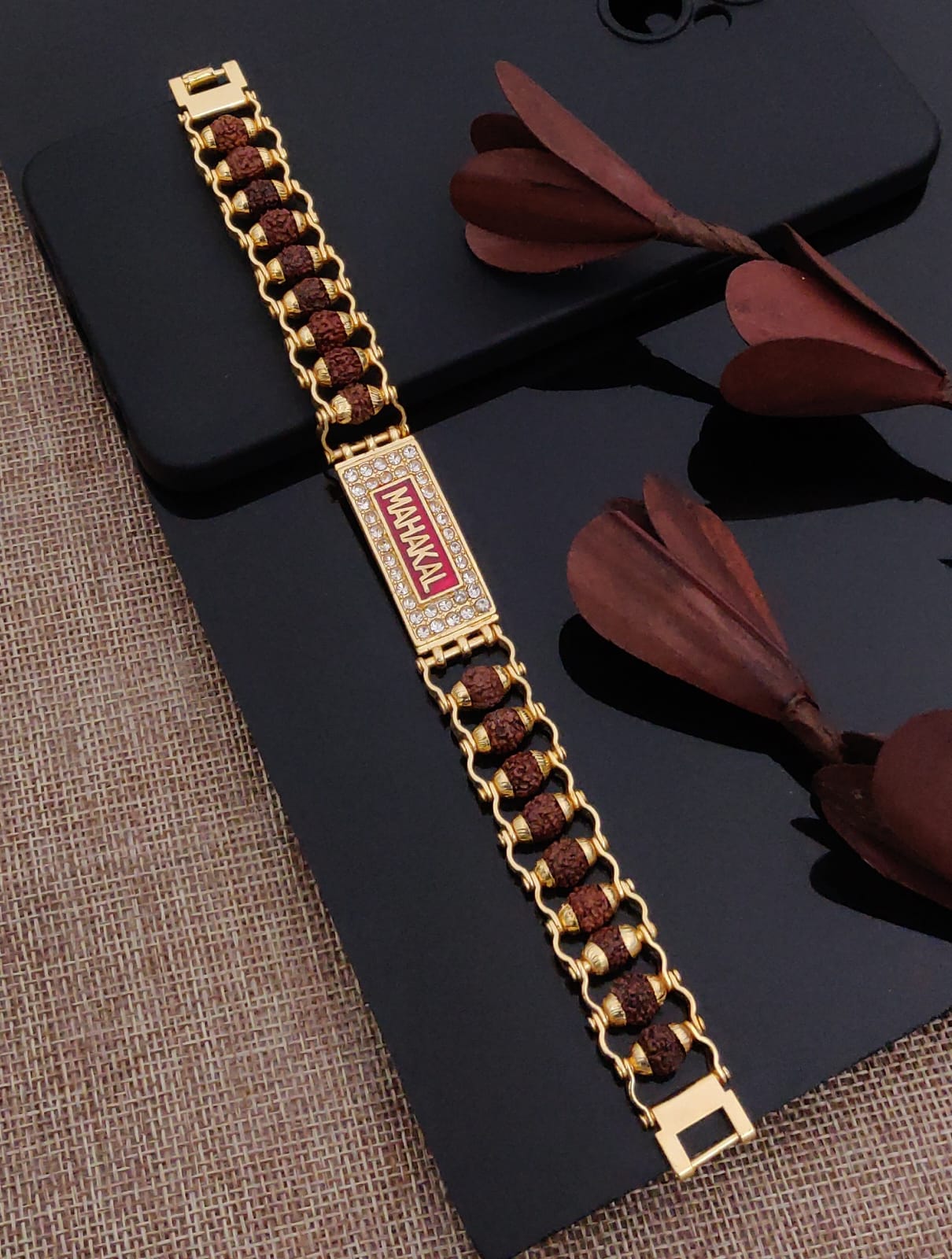 Solibelle Gold Plated Mahakal Name Design Rudraksh Bracelet