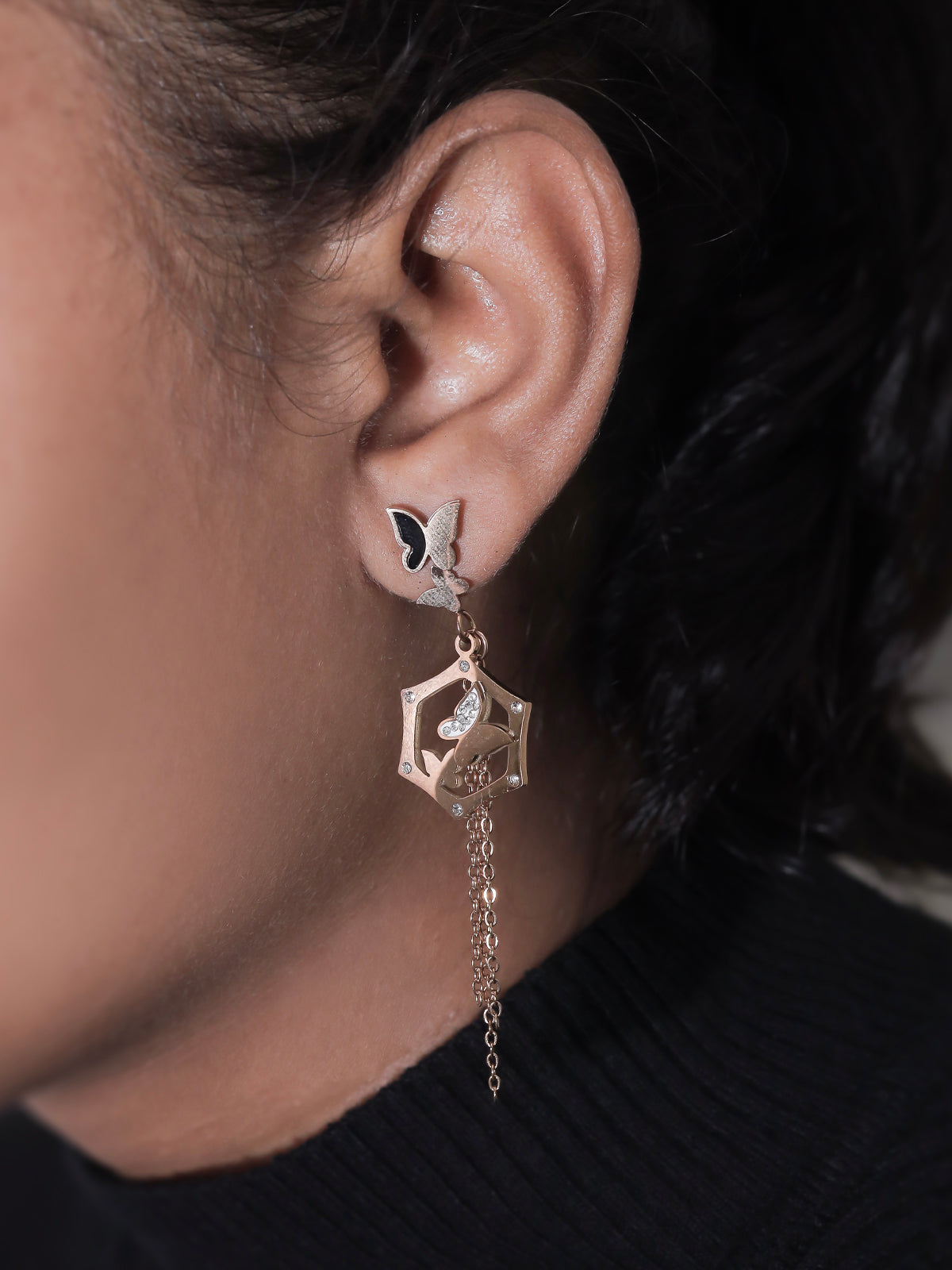 Solibelle 18K Gold Plated Elegant Butterfly and Heart Hanging Korean Earrings